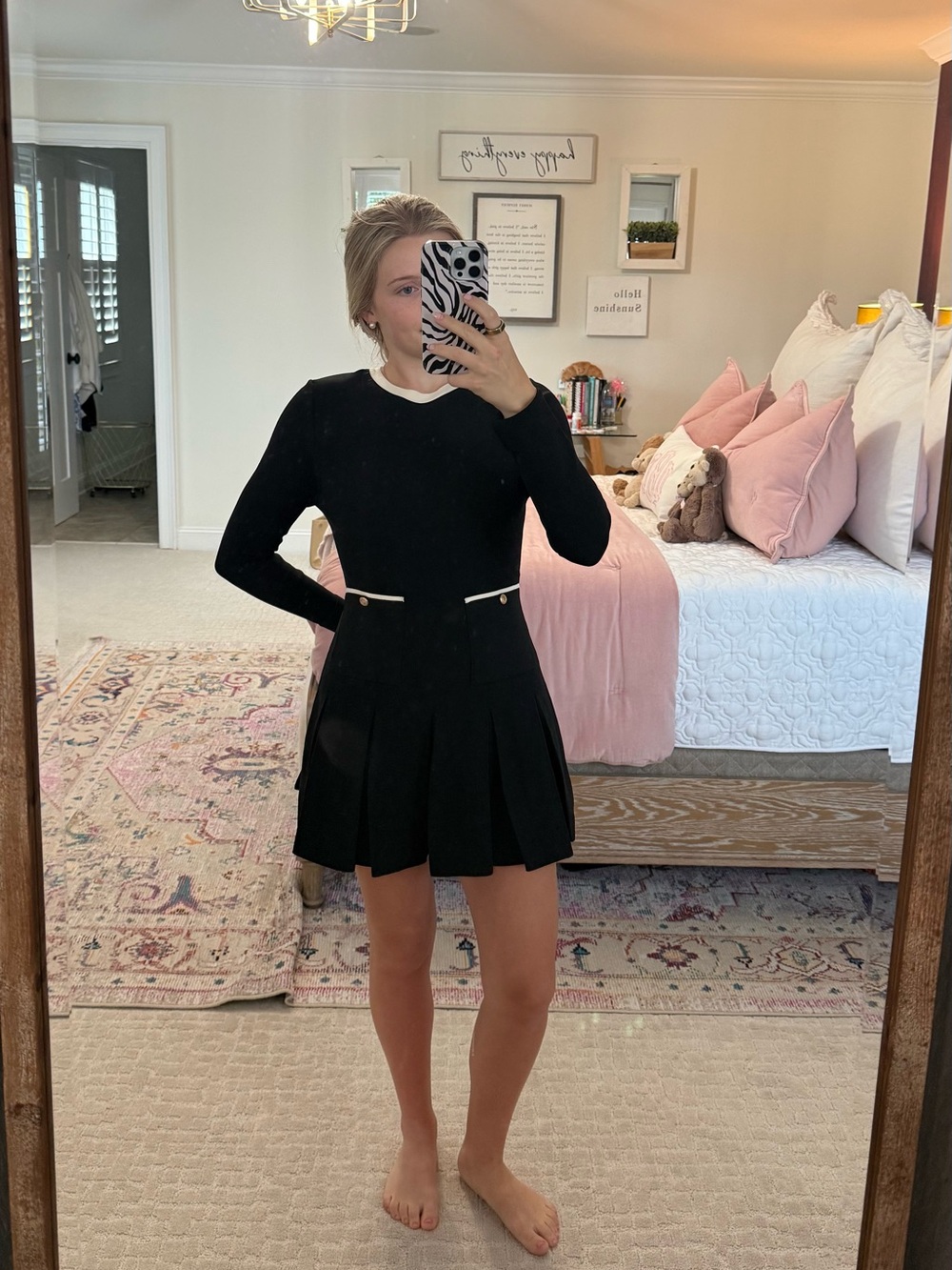 Classic Black Long-Sleeve Pleated Dress with Contrast Trim